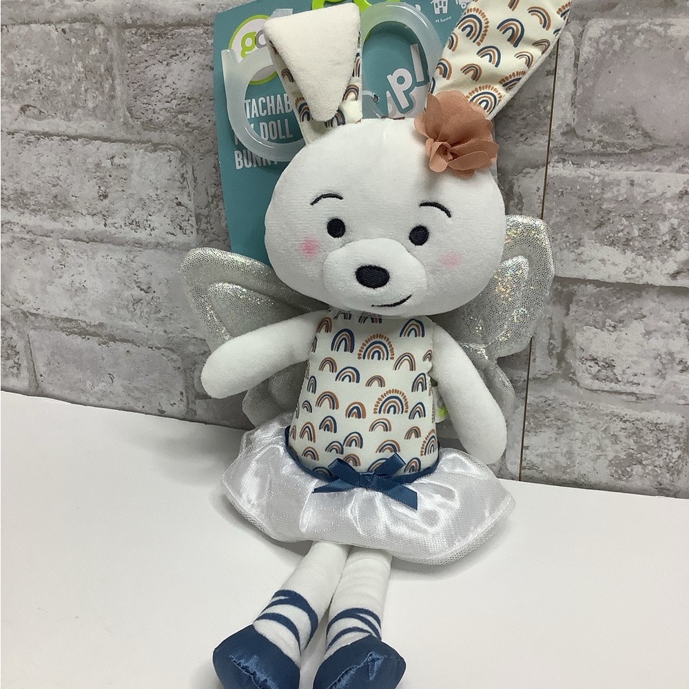 White Plush Bunny with Rainbow Pattern and Silver Wings